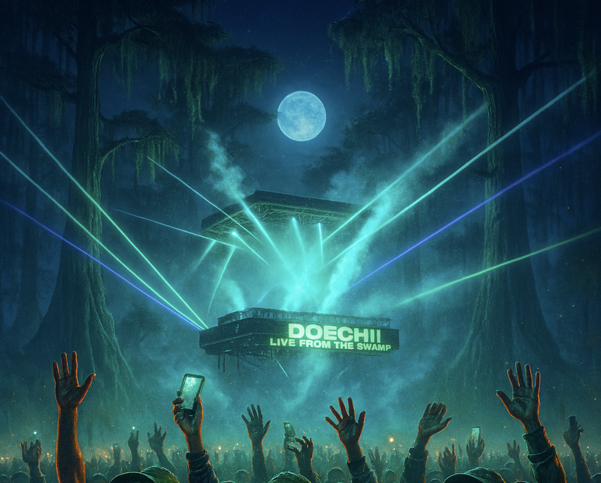 Doechii performing on stage under moody lighting, wearing bold glam makeup and futuristic streetwear, mid-movement with her mic raised and crowd lights glowing in the background — capturing the energy and confidence of her “Live From The Swamp” tour launch.