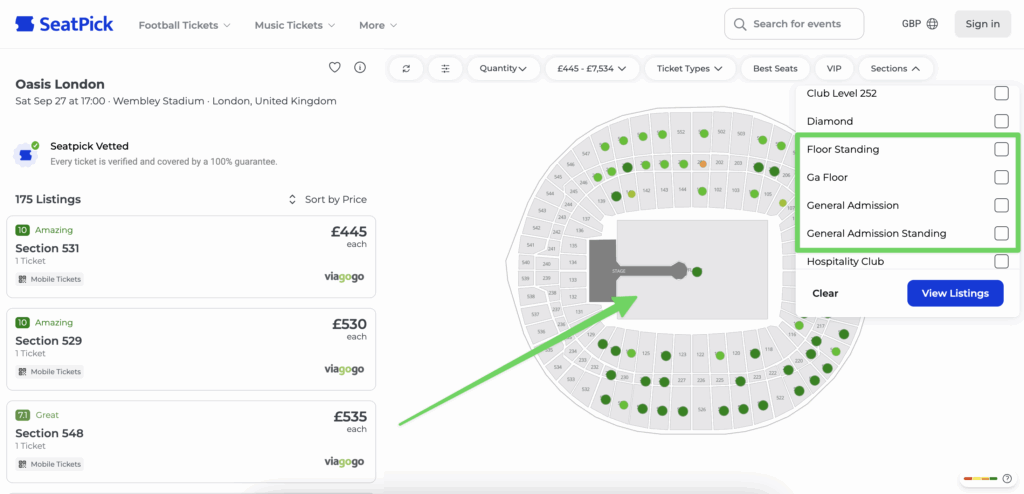 How to select front floor standing tickets to see Oasis at Wembley in September.