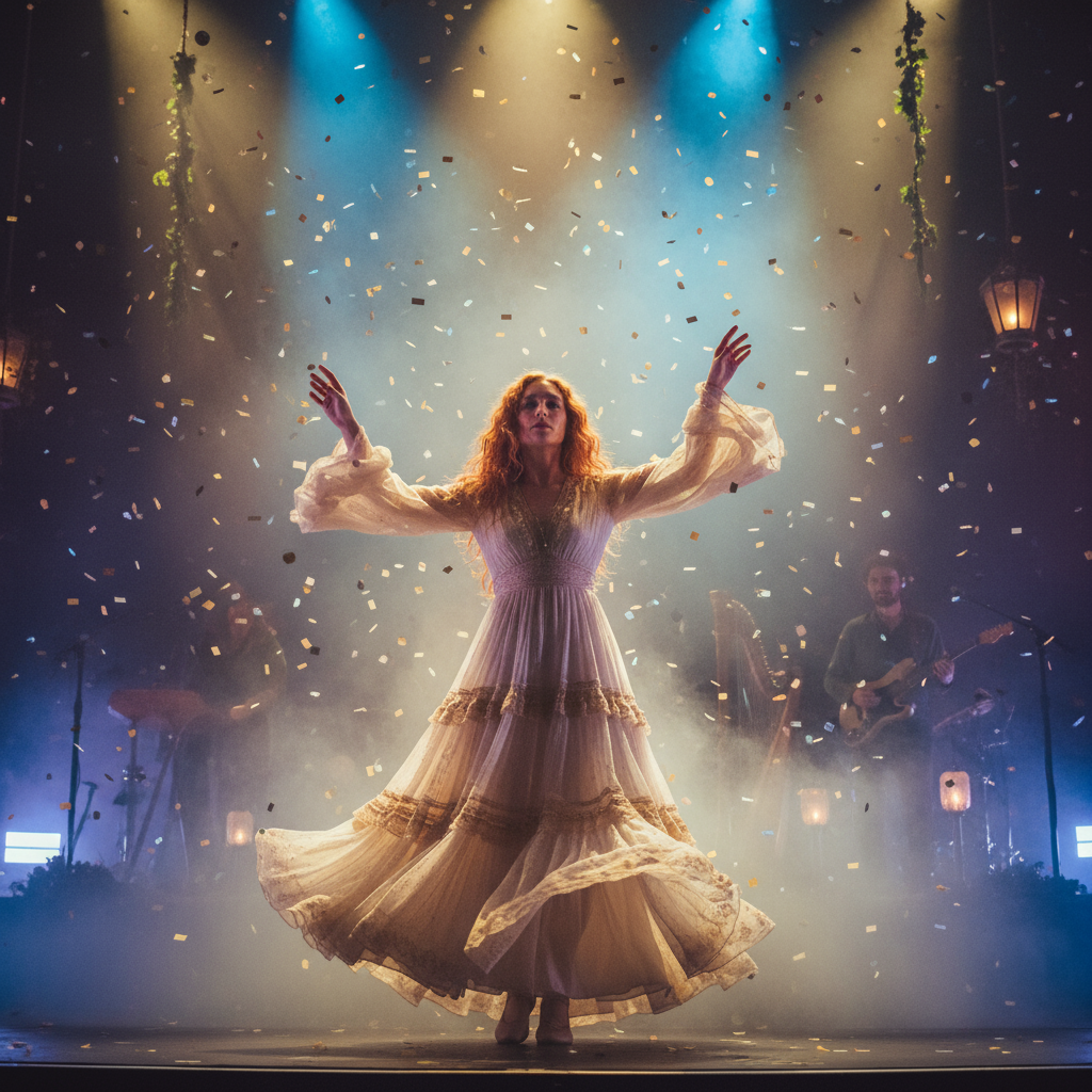 Florence Welch performing live with flowing dress on stage during The Everybody Scream Tour 2026